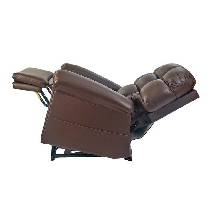 The Golden Tech PR515 Cloud Recliner with Lift Assist, shown in brown leather and fully extended, highlights its padded back, seat, and footrest from a side angle to emphasize its zero-gravity ergonomic support and advanced reclining features.