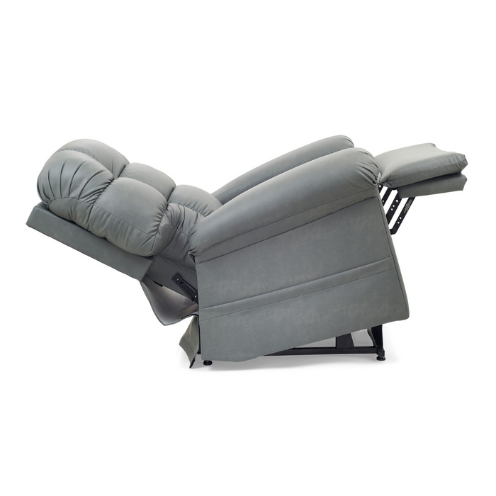 The Golden Tech PR515 Cloud Recliner With Lift Assist, ZG+, & Twilight in gray extends fully, showcasing padded backrest, seat, and leg support. It features plush cushioning with ergonomic design and visible metal supports enhanced by Twilight Technology for ultimate comfort.