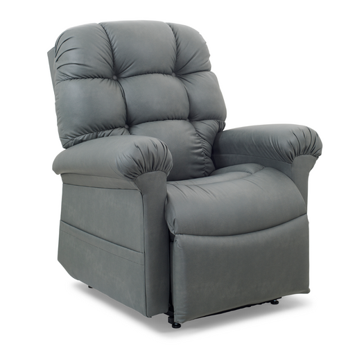 A plush, semi-reclined gray Golden Tech PR515 Cloud Recliner with Lift Assist, ZG+ & Twilight - SM/MD features a padded backrest and armrests. The soft, slightly shiny upholstery highlights its comfort, ergonomic support, and functionality.