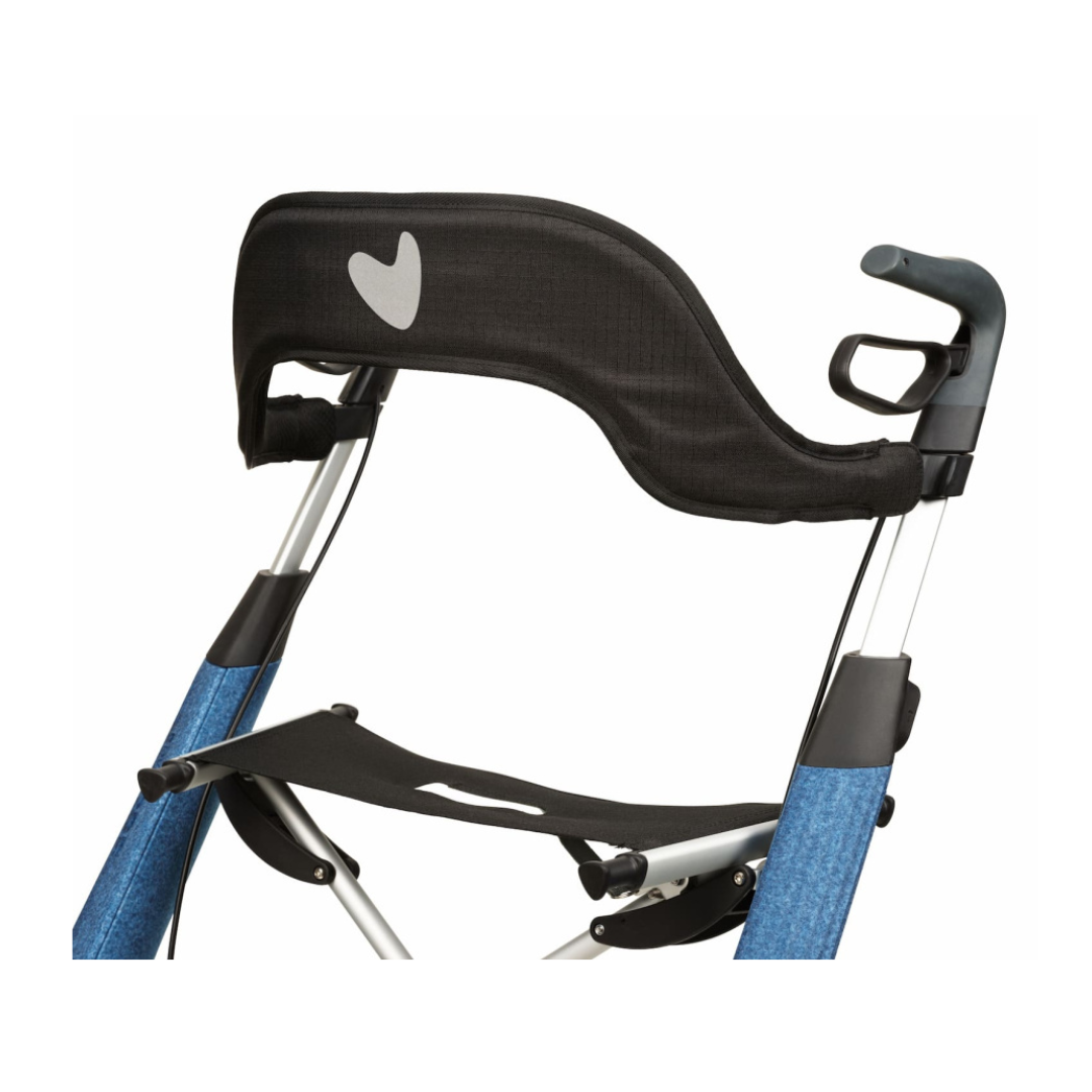 A close-up of the Padded Backrest for Byacre Nordic Pioneer Rollator in blue and black, highlighting its heart-shaped design on the backrest and seat with added lower back support for comfort.