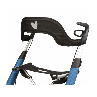 A close-up of the Padded Backrest for Byacre Nordic Pioneer Rollator in blue and black, highlighting its heart-shaped design on the backrest and seat with added lower back support for comfort.