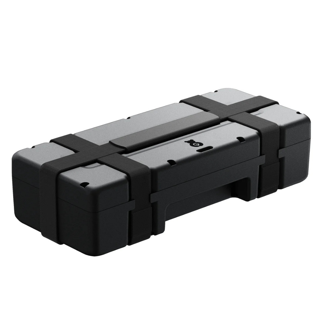 A black rectangular hard case with rounded edges and two wide straps, featuring a sturdy front handle—ideal for storing your Paiseec Batteries For S3 Mobility Scooter and perfect for airline-approved travel.