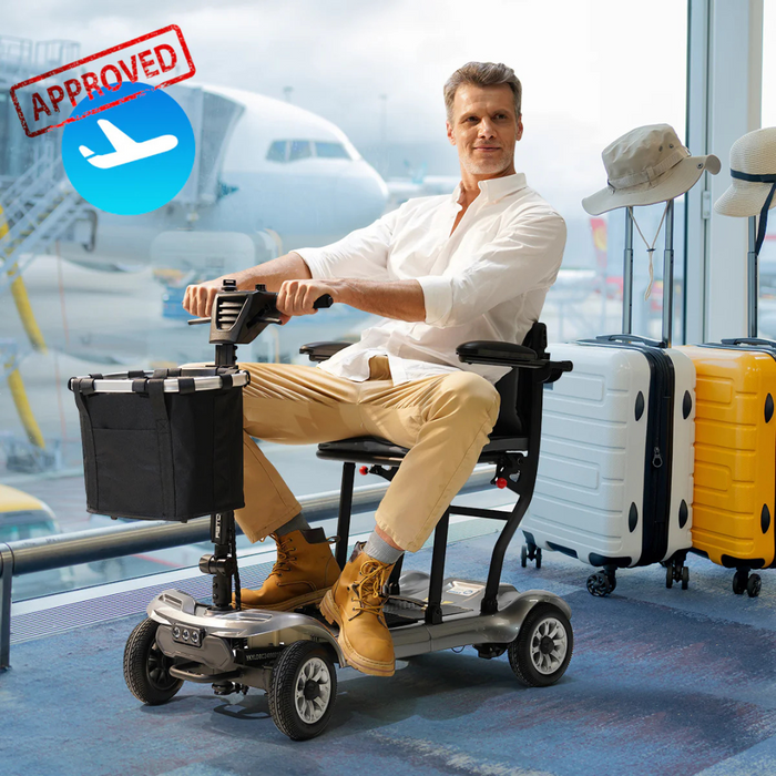 A man in a white shirt sits on a Paiseec D3 Lightweight Portable Mobility Scooter in an airport. Surrounded by luggage with a plane visible through the window, an Approved stamp featuring a plane icon confirms its travel regulation compliance.