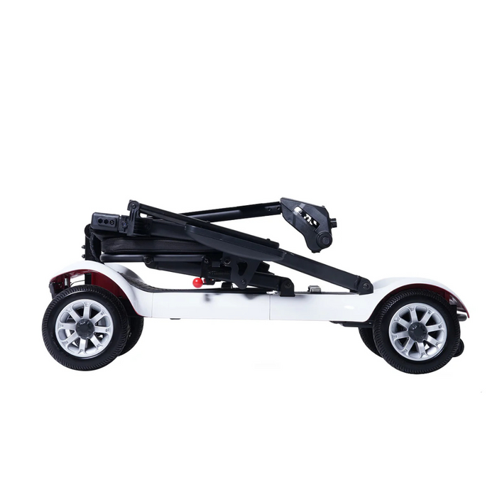 The Paiseec D3 Lightweight Portable Mobility Scooter is a compact, ultra-light electric scooter that folds flat, highlighting its wheels and frame as a foldable mobility aid. It features black and white design with red accents.