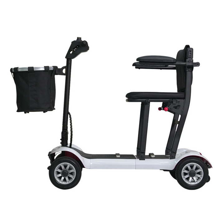 Side view of the Paiseec D3 lightweight portable mobility scooter, featuring a compact three-wheel design with a black seat and front storage basket. The foldable white frame has grey wheels and includes a backrest, simple handlebars, and offers an impressive long battery range for extended use.