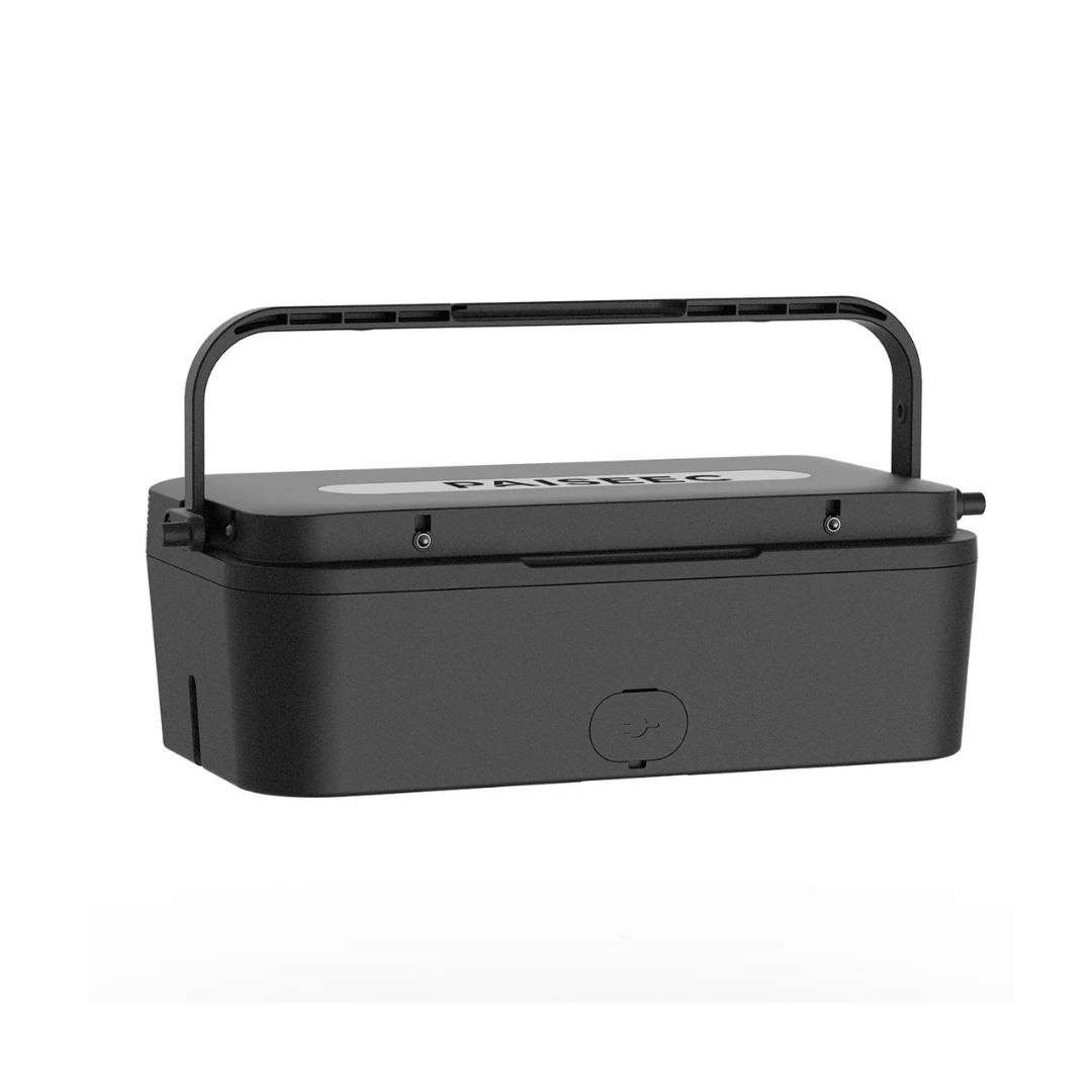 The Paiseec Electric Wheelchair Battery is a black, rectangular 24V 12Ah lithium battery with a top handle, central front button, and white label on the lid. Airline approved for travel, it’s shown against a plain white background.