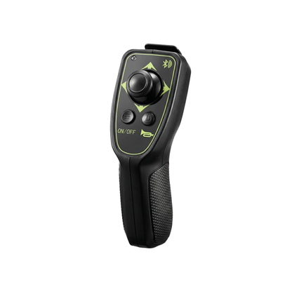 The Paiseec Electric Wheelchair Controller - Q5 is a black wireless remote with a joystick, multiple buttons, green accents, an on/off switch, and an ergonomic grip for comfortable use.
