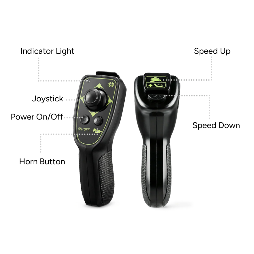 Two black Paiseec Electric Wheelchair Controller - Q5 handheld remotes with labeled features: indicator light, joystick, power switch, horn, speed up, and speed down buttons. Dotted lines and text highlight the controls.