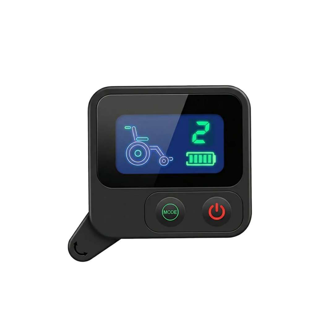 The Paiseec Electric Wheelchair Controller - Q5 features a digital display with a wheelchair icon, number 2, battery indicator, and two buttons—MODE and Power—on a black background with vivid green and blue graphics.