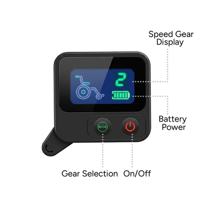 The Paiseec Electric Wheelchair Controller - Q5 features a black control panel with a digital screen showing a wheelchair icon, battery level, and "2," plus buttons for Gear Selection and On/Off.