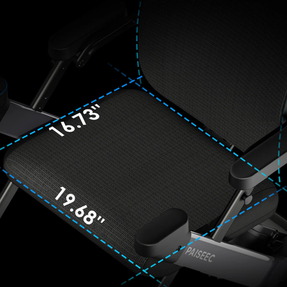Close-up of the Paiseec Electric Wheelchair Parts & Accessories: black seat with blue dashed lines showing dimensions (16.73 deep, 19.68 wide), armrests, textured fabric, and a handy storage pocket for wheelchair use.