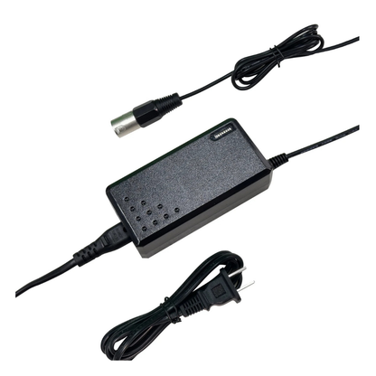 The Paiseec Electric Wheelchair Parts & Accessories black power adapter, perfect as an Electric Wheelchair Charger, has a rectangular body, two-prong plug, and round connector cable, displayed on a white background.