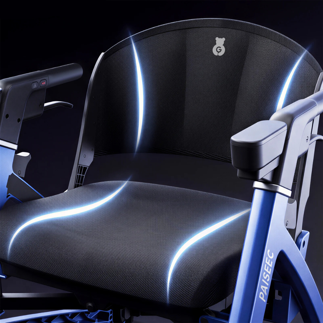 A close-up of the Paiseec FLEX 3-in-1 Lightweight Folding Mobility Device’s modern blue seat, highlighted by glowing light lines that outline the back and seat, showcasing its ergonomic design features against a dark background.