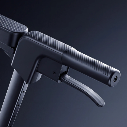 Close-up view of a black, modern handlebar and brake lever on the Paiseec FLEX 3-in-1 Lightweight Folding Mobility Device against a dark background. The handlebar features a textured grip and sleek, minimalist design, showcasing this innovative mobility device’s cutting-edge style.