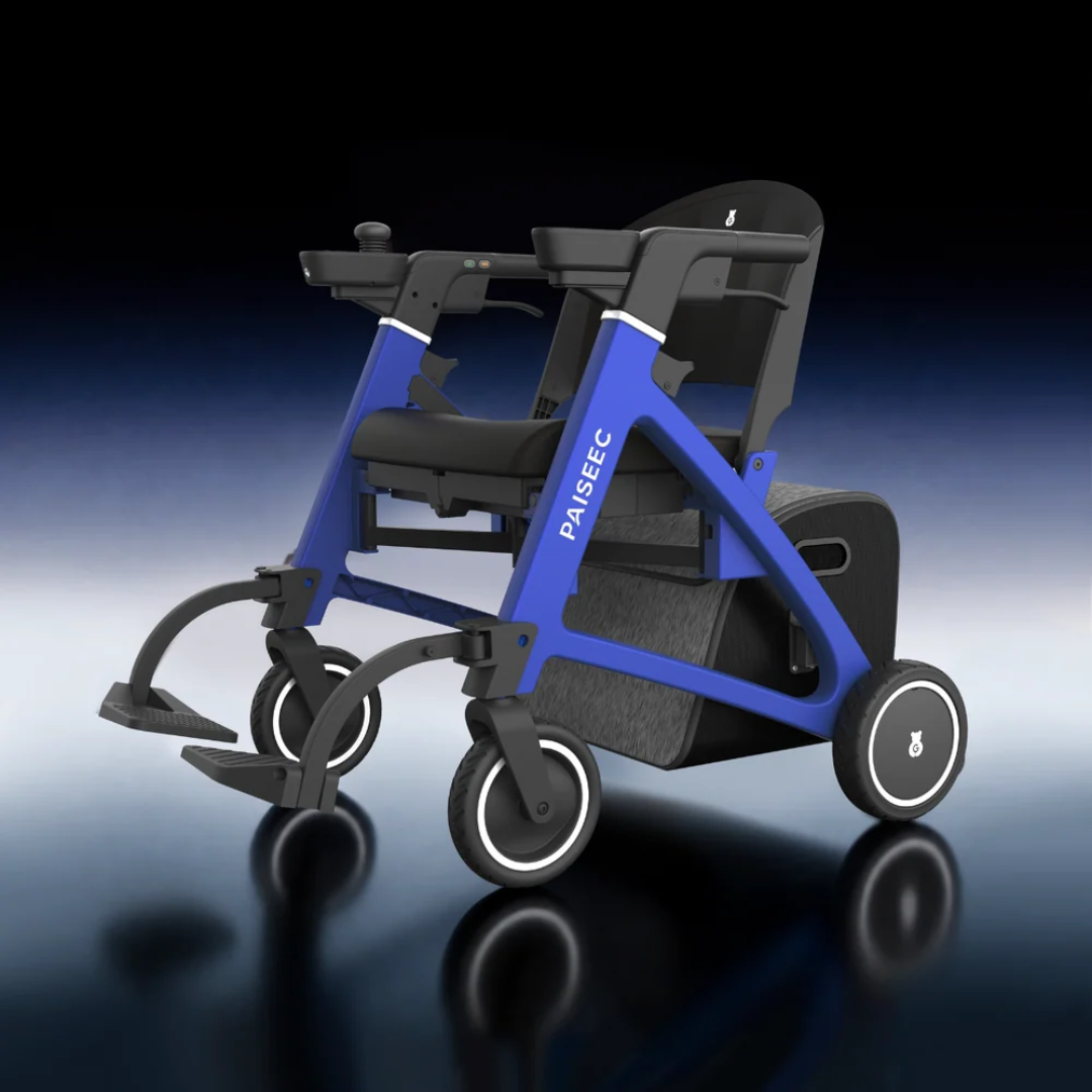 The Paiseec FLEX 3-in-1 Lightweight Folding Mobility Device is displayed against a gradient black-to-blue background, showcasing its modern electric wheelchair design with sleek blue and black accents. This lightweight, foldable mobility solution combines style and convenience for users seeking flexibility and high performance.