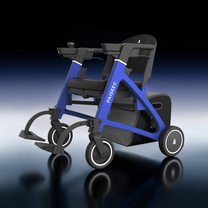 The Paiseec FLEX 3-in-1 Lightweight Folding Mobility Device is displayed against a gradient black-to-blue background, showcasing its modern electric wheelchair design with sleek blue and black accents. This lightweight, foldable mobility solution combines style and convenience for users seeking flexibility and high performance.