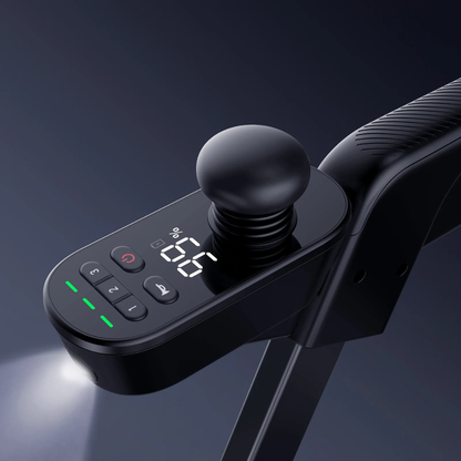 Close-up of the Paiseec FLEX 3-in-1 Lightweight Folding Mobility Device’s sleek joystick control panel, featuring an LED display reading 56, intuitive buttons, indicator lights, and an ergonomic grip—all set against a dark background.