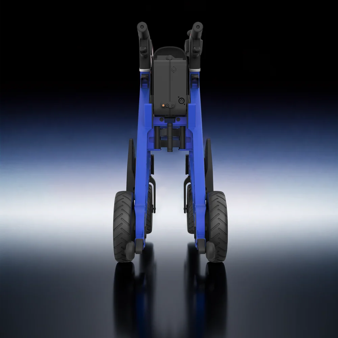 The Paiseec FLEX 3-in-1 Lightweight Folding Mobility Device, shown in blue with four large wheels and two handles, is displayed from the back against a gradient black-to-white background.