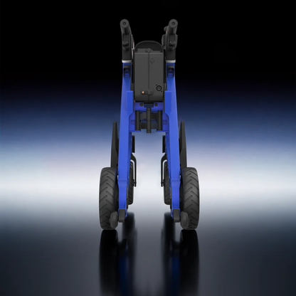 The Paiseec FLEX 3-in-1 Lightweight Folding Mobility Device, shown in blue with four large wheels and two handles, is displayed from the back against a gradient black-to-white background.