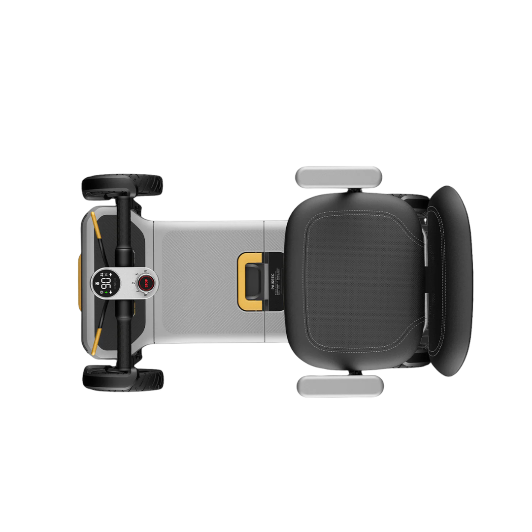 Top-down view of the Paiseec L5 Portable Mobility Scooter, featuring a black cushioned seat, armrests, digital display, and four wheels.