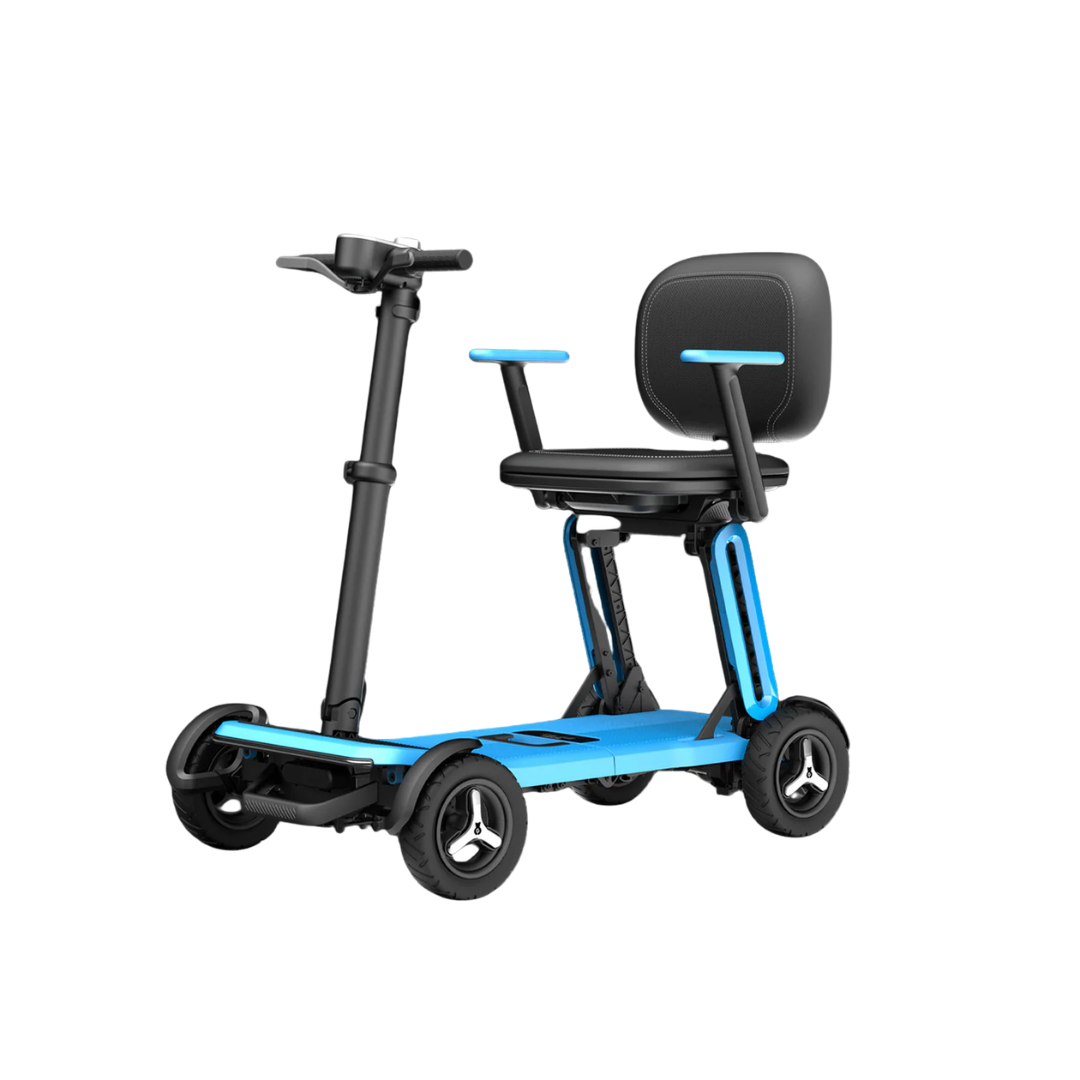 The Paiseec L5 Portable Mobility Scooter, featuring a blue frame, black seat, and black handlebars, is a compact four-wheeled electric scooter shown against a white background.
