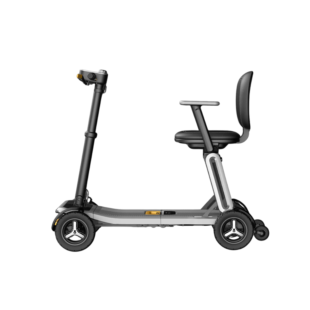 The Paiseec L5 Portable Mobility Scooter, featuring a modern foldable design, padded seat, armrests, and four wheels, is shown in side profile against a white background—ideal for easy transport and enhanced mobility.