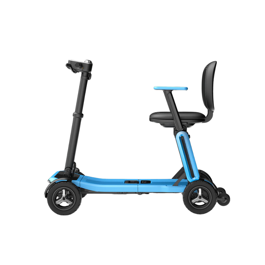 The Paiseec L5 Portable Mobility Scooter, featuring a compact blue and black design with three wheels, seat, and armrests, is shown folded in a side view against a white background.