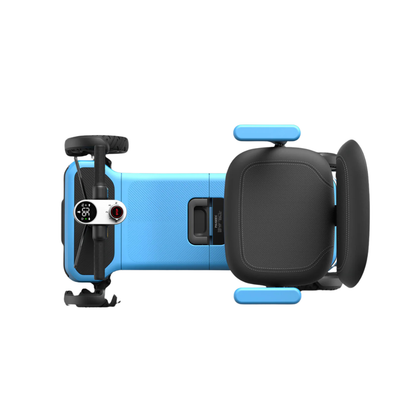 Top view of the Paiseec L5 Portable Mobility Scooter in blue and black, featuring a steering wheel, seat, pedals, and armrests on a plain white background. Ideal for those seeking both stylish design and reliable performance.
