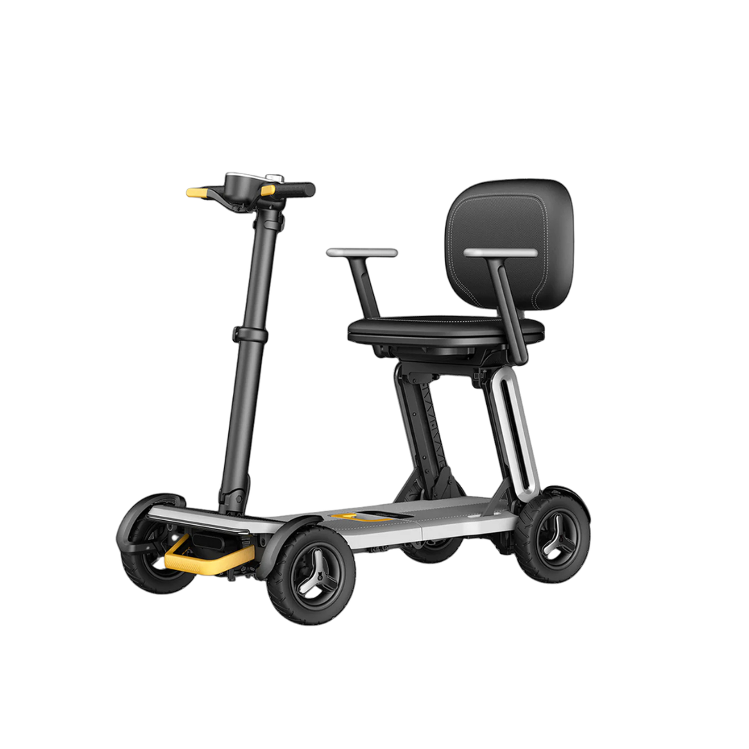 The Paiseec L5 Portable Mobility Scooter is a compact four-wheeler with a low step-through frame, black cushioned seat and backrest, armrests, handlebar steering, and a modern black-and-yellow design.