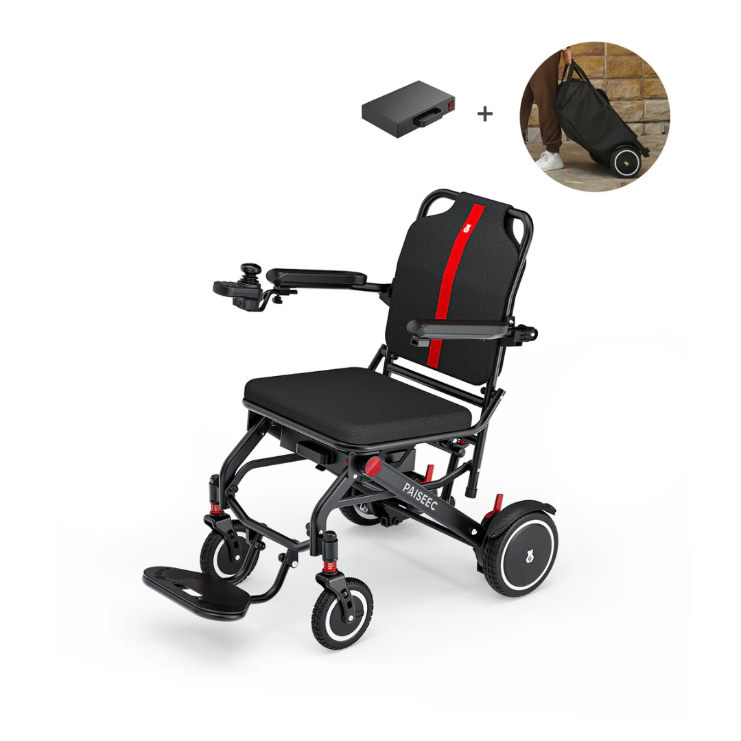 The Piaseec Q3 Ultra Lightweight Electric Wheelchair features a black frame with red accents, joystick controls, large rear wheels, an airline-approved wheeled carrying case for transport, and an included battery pack.