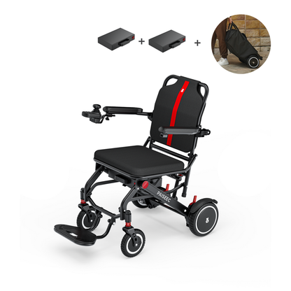 The Piaseec Q3 Ultra Lightweight Electric Wheelchair features a foldable black and red design, two battery packs for all-day power, airline-friendly portability, and includes a carrying bag shown in a circular inset.