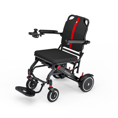 The Piaseec Q3 Ultra Lightweight Electric Wheelchair features a black and red design, joystick armrest control, padded seat and backrest, footrest, four wheels, and long-lasting battery—delivering comfort and enhanced mobility.