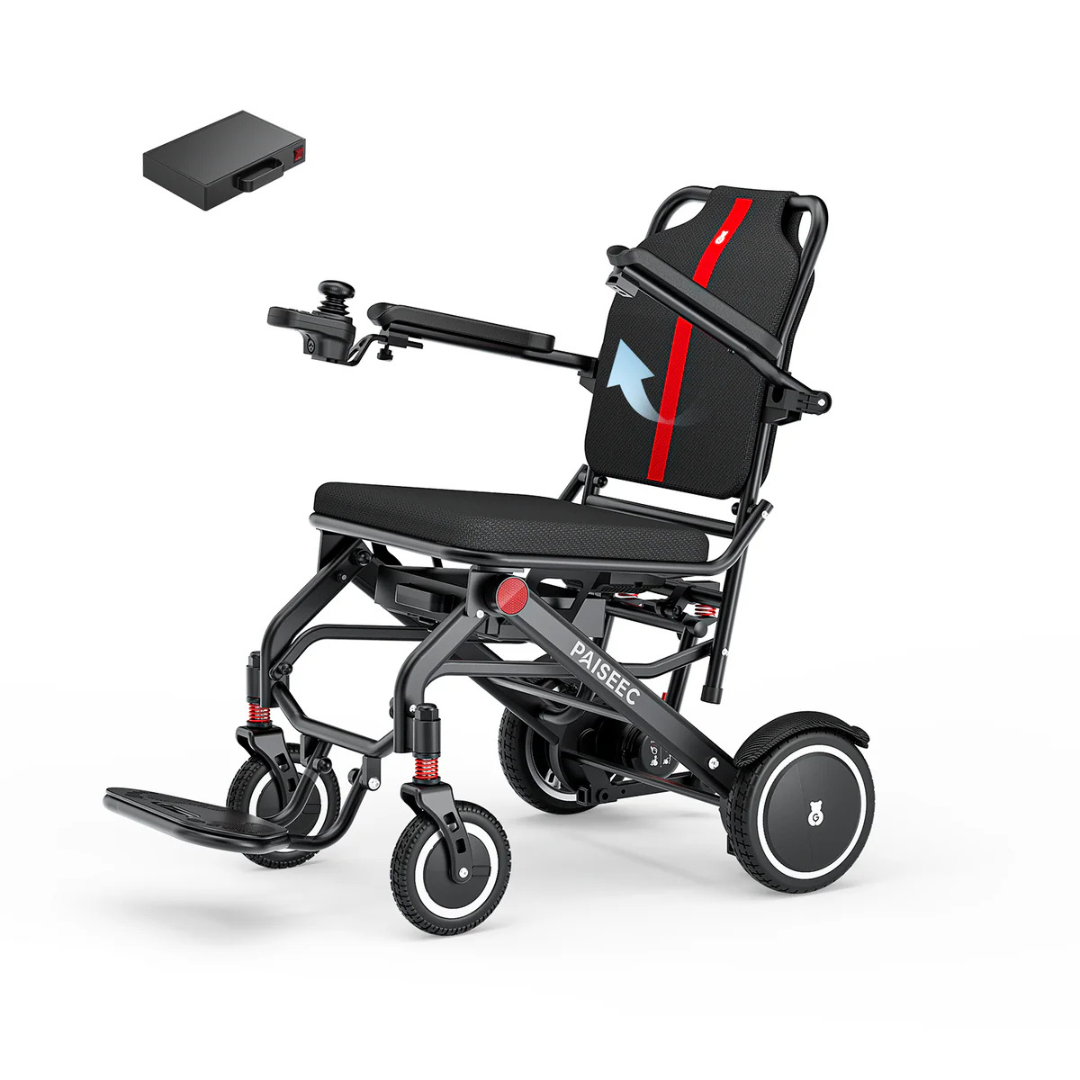 The Piaseec Q3 Ultra Lightweight Electric Wheelchair, in black with red accents, features a joystick control on the armrest and a detachable battery for all-day performance.