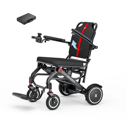 The Piaseec Q3 Ultra Lightweight Electric Wheelchair, in black with red accents, features a joystick control on the armrest and a detachable battery for all-day performance.