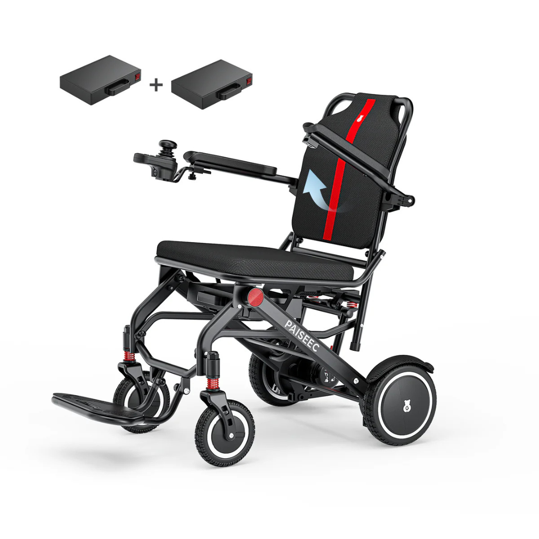The Piaseec Q3 Ultra Lightweight Electric Wheelchair features a black frame with red accents, padded seat and backrest, armrest joystick control, footrest, and two rectangular battery packs for all-day performance.