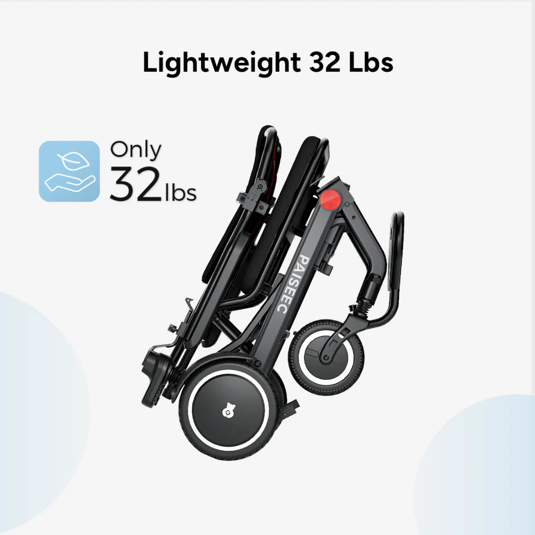 A folded black Piaseec Q3 Ultra Lightweight Electric Wheelchair stands upright. Text above reads Lightweight 32 Lbs, and to the left, Only 32 lbs appears with a feather icon, highlighting its airline-friendly portability.