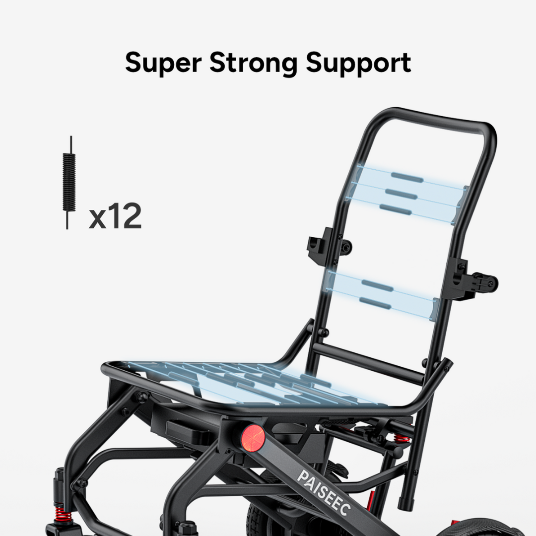 A black Piaseec Q3 Ultra Lightweight Electric Wheelchair features a sturdy frame and twelve visible support springs, with blue highlights for reinforced seat and back. Text reads “Super Strong Support” alongside an icon showing “x12” springs.