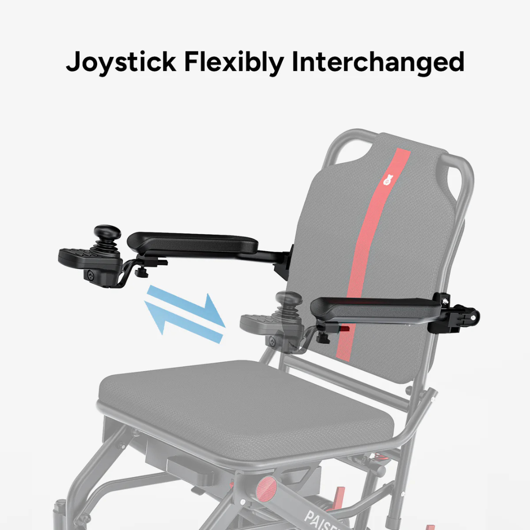 The Piaseec Q3 Ultra Lightweight Electric Wheelchair features a joystick that attaches to either armrest for flexible use. Ideal for travel, this ultra-lightweight chair offers convenient joystick interchangeability for on-the-go users.