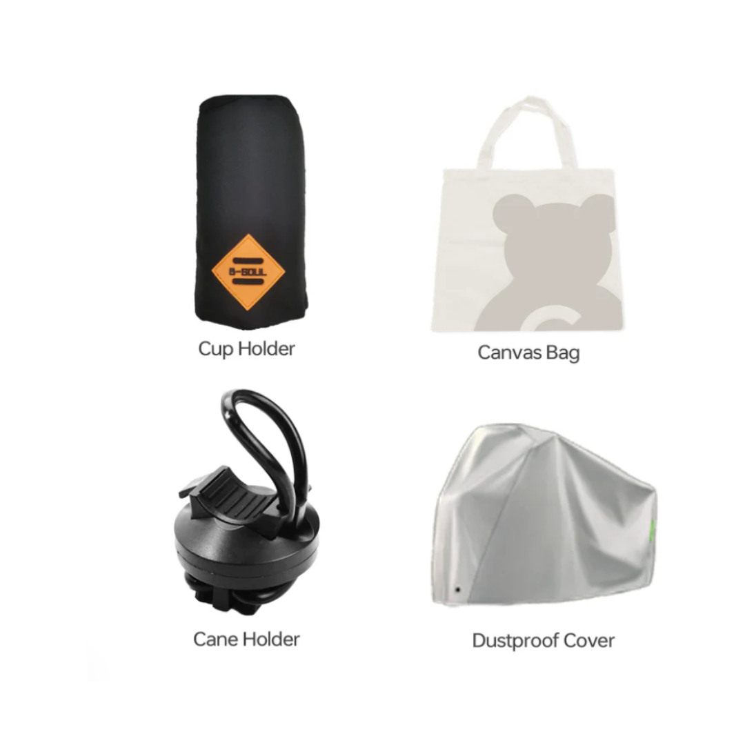 The Paiseec Mobility Scooter Accessory Package includes a black cup holder with orange label, white canvas bag with bear outline, black cane holder, and shiny silver dustproof cover. Each accessory is labeled under its image.