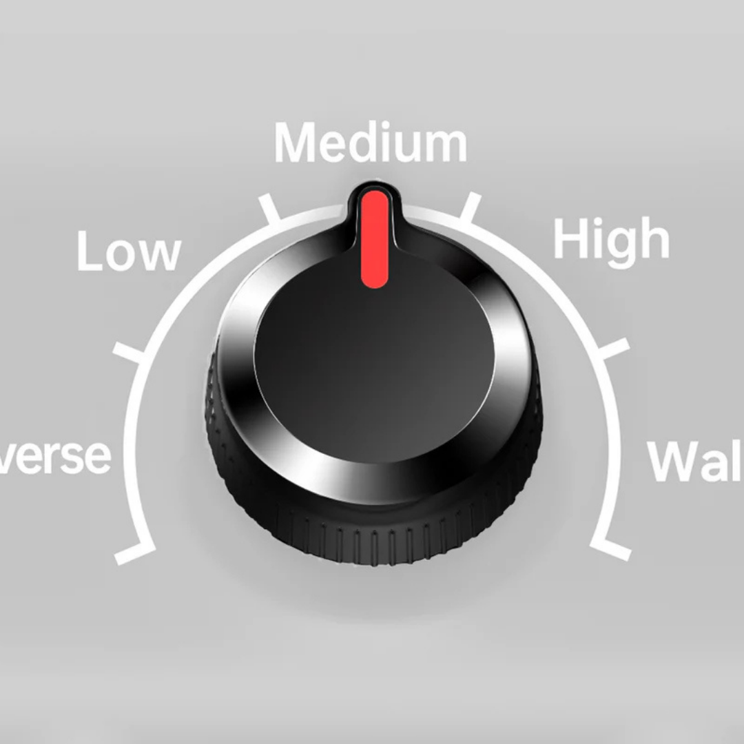 A black dial with a red indicator points to Medium on a scale labeled Reverse, Low, Medium, High, and Walk on a gray background—perfect for verifying settings or replacing tires on Paiseec Mobility Scooter Parts.