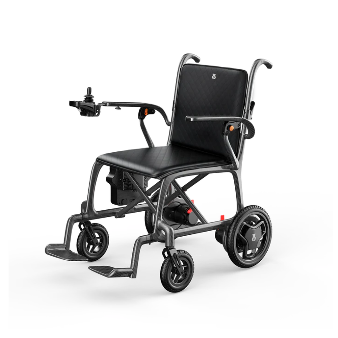 The Paiseec Q5 Carbon Fiber Electric Wheelchair features a sturdy metal frame, black cushioned seat and backrest, right armrest joystick control, four wheels, and footrests—perfect for enhanced mobility—shown on a white background.