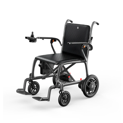 The Paiseec Q5 Carbon Fiber Electric Wheelchair features a sturdy metal frame, black cushioned seat and backrest, right armrest joystick control, four wheels, and footrests—perfect for enhanced mobility—shown on a white background.