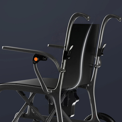 The Paiseec Q5 Carbon Fiber Electric Wheelchair, featuring a sleek carbon fiber frame, curved armrests, and minimalist dark design, is shown against a dark background with an orange button on the armrest for ergonomic innovation.