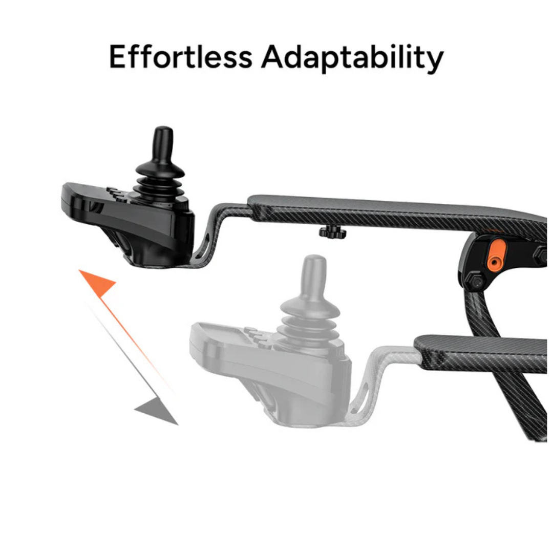 Close-up of the Paiseec Q5 Carbon Fiber Electric Wheelchair’s adjustable black joystick on a carbon fiber arm, shown in two positions with an arrow indicating movement and the text "Effortless Adaptability" at the top.