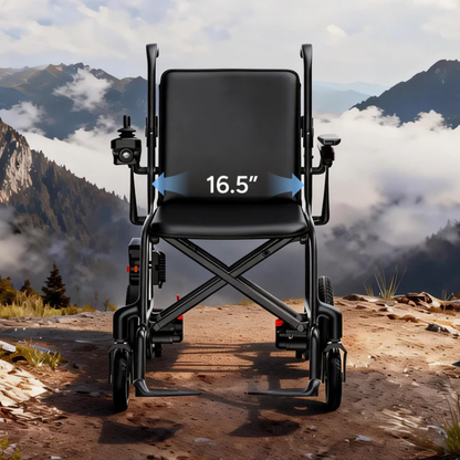 The Paiseec Q5 Carbon Fiber Electric Wheelchair, shown in black with a 16.5-inch seat width, is positioned on a rocky mountain trail amid pine trees and rugged peaks—ideal for all-terrain mobility and lightweight durability.