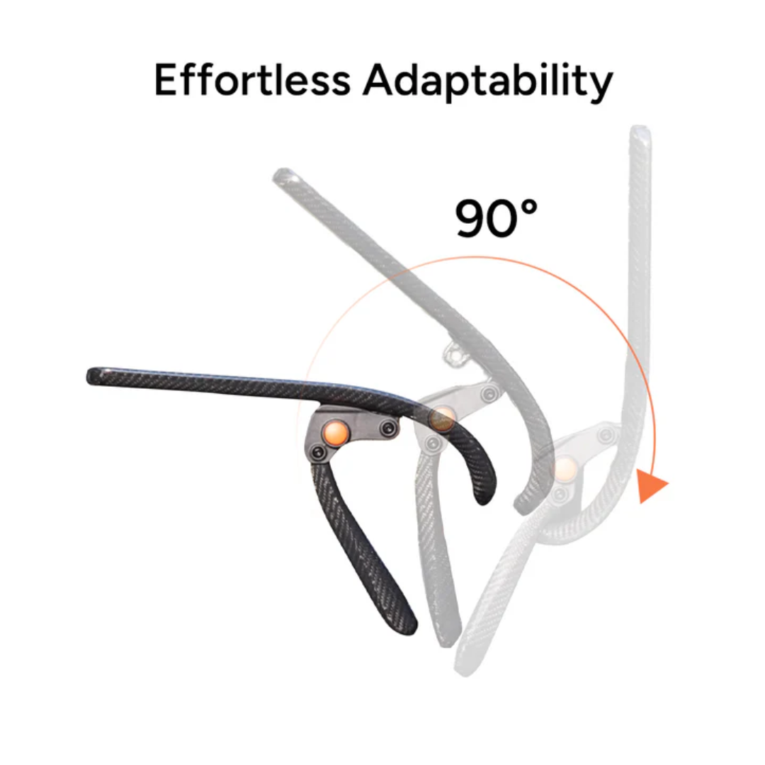 A black adjustable lever pivots 90° in four positions, guided by an orange arrow, beneath text reading "Effortless Adaptability" on a white background. Shown with the Paiseec Q5 Carbon Fiber Electric Wheelchair.
