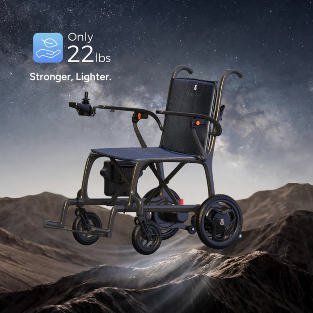 The Paiseec Q5 Carbon Fiber Electric Wheelchair, weighing just 22 lbs, floats above a rocky landscape under a starry sky. Stronger and lighter—perfect for those seeking ultimate portability and freedom in mobility aids.