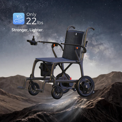 The Paiseec Q5 Carbon Fiber Electric Wheelchair, weighing just 22 lbs, floats above a rocky landscape under a starry sky. Stronger and lighter—perfect for those seeking ultimate portability and freedom in mobility aids.