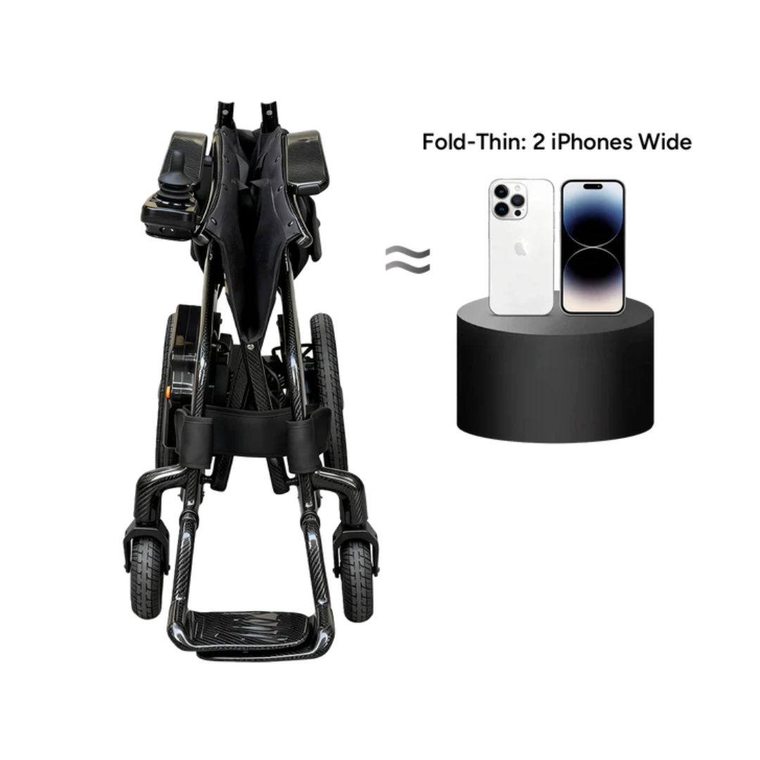 A folded Paiseec Q5 Carbon Fiber Electric Wheelchair sits beside two iPhones on a stand, showcasing its ultra-compact design—just 2 iPhones wide. Text reads: Fold-Thin: 2 iPhones Wide.