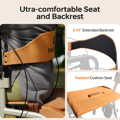 A collage features the Paiseec R1 2-in-1 Rollator Walker Transport Chairs seat and backrest. The left image depicts a person on a padded seat with an extended backrest for transport chair-like comfort, while the right provides close-ups of these ultra-comfortable features.